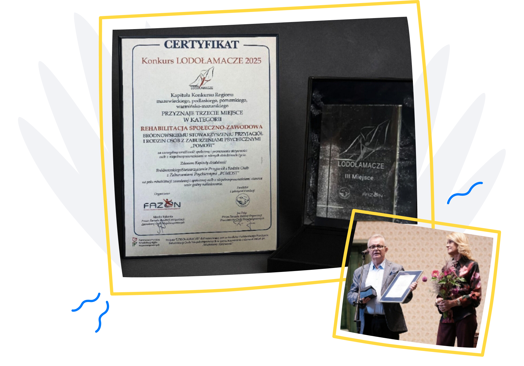 Certyfikat lodołamaczy 2025, szklana statuetka oraz mężczyzna i kobieta odbierający nagrodę
